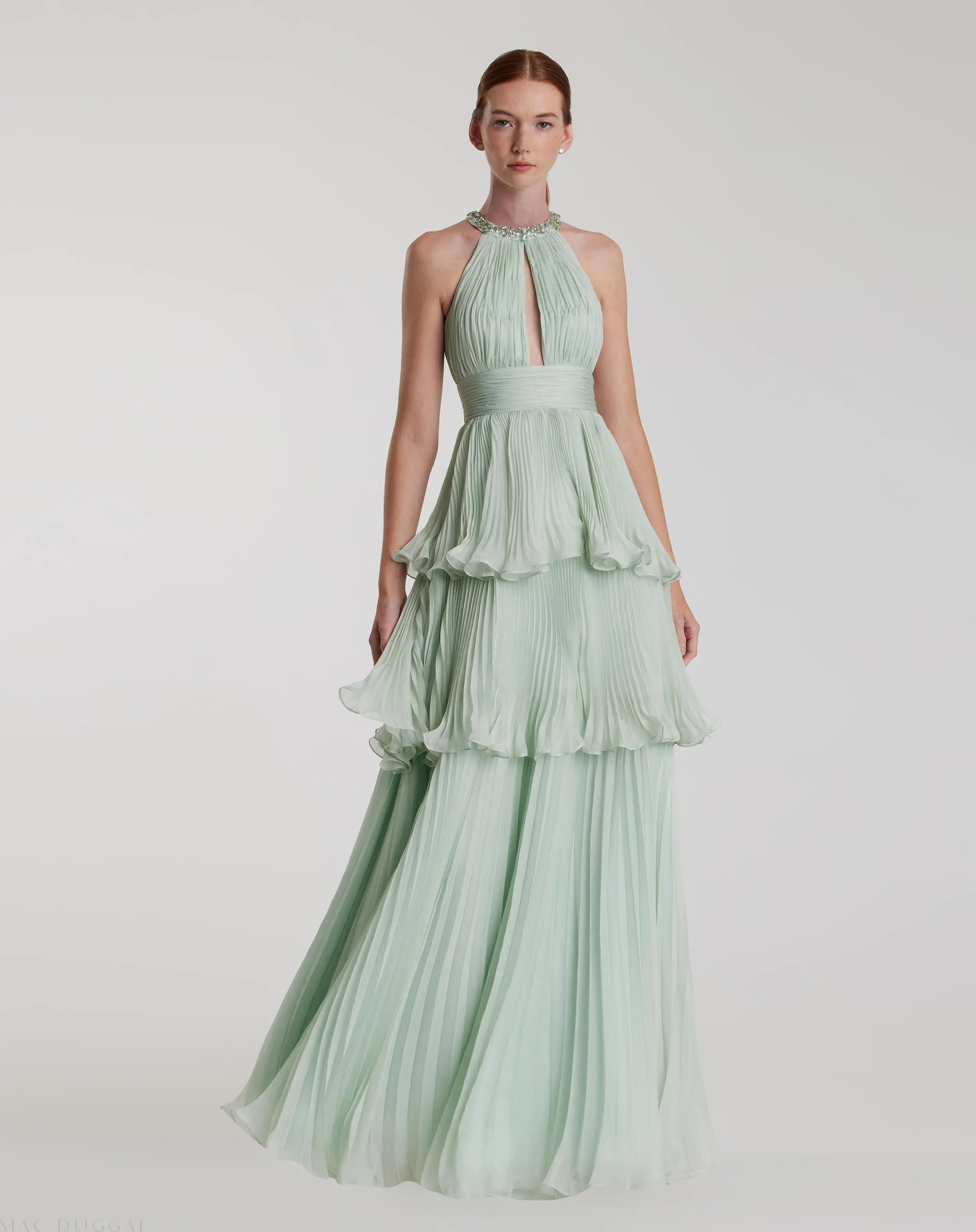 Green High Neck Chiffon Tiered Gown with Cut Out | Mac Duggal | Mac Duggal