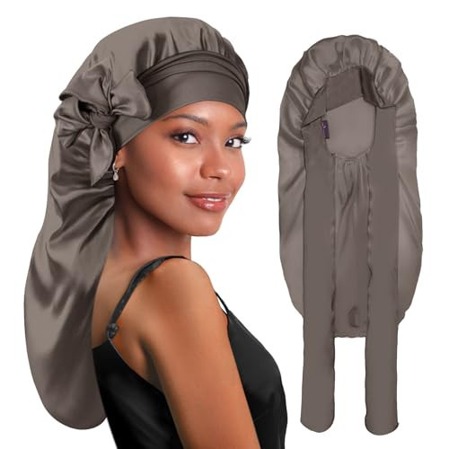 BONNET QUEEN Braid Bonnet Silk Bonnet Foldable Extra Long Wrap for Braids Satin Bonnets with Tie Band Long Sleep Cap, Grey Gold | Amazon (US)