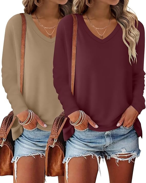 Bliwov 2 Pack Womens Long Sleeve Tops V Neck Fall T Shirts | Loose Fit Tees, Basic Casual Clothes... | Amazon (US)