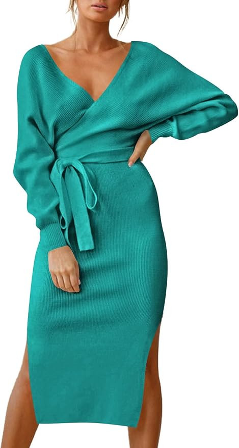 Cutiefox Women's Elegant V Neck Wrap Sweater Dress Long Sleeve Bodycon Knit Midi Dress with Belte... | Amazon (US)