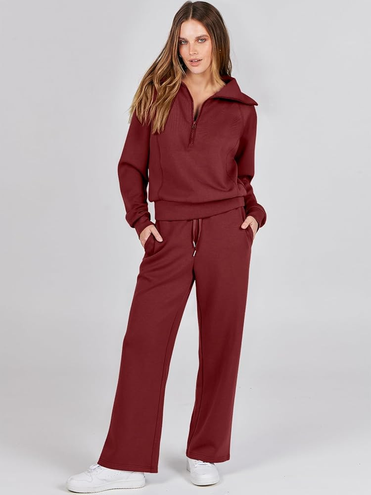 ANRABESS Women 2 Piece Outfits Sweatsuit Set 2023 Fall Oversized Half Zip Sweatshirt Wide Leg Sweatp | Amazon (US)