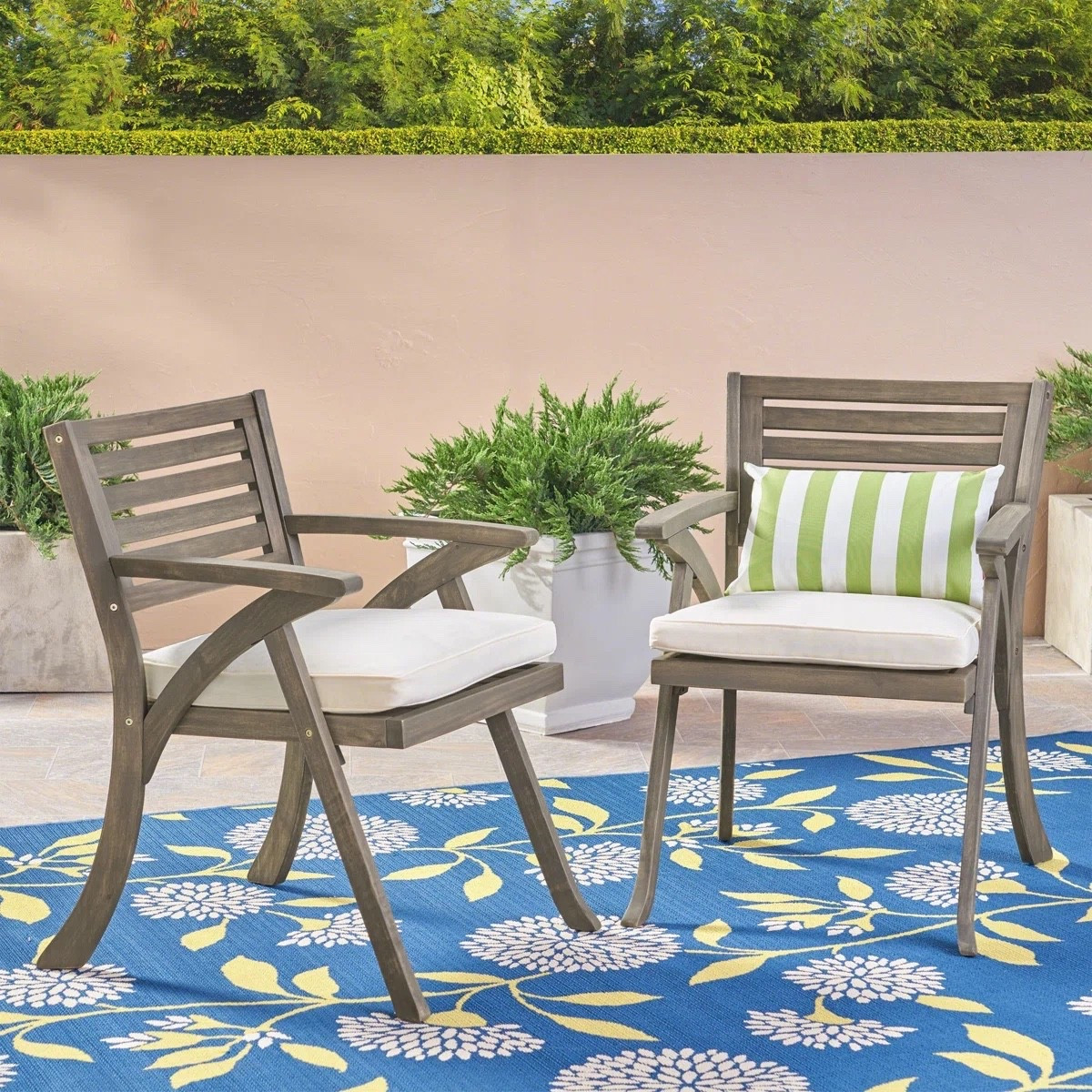 Wayfair Brizio Wood Premium All-Weather Wicker Outdoor Dining Armchair with Cushion (Set of 2)