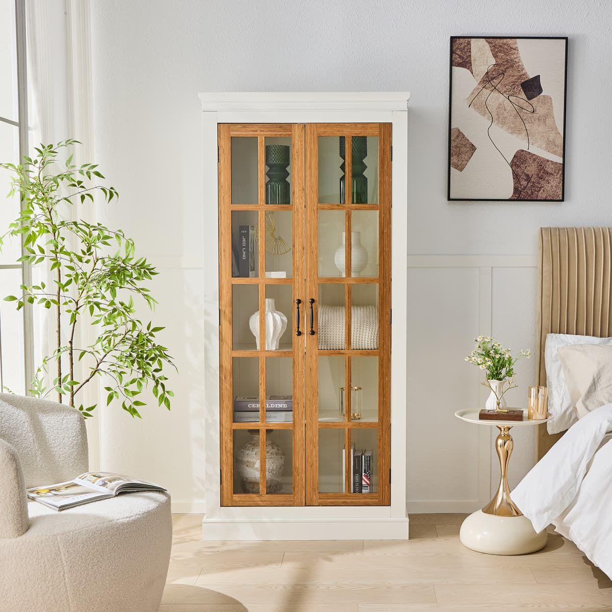 71.2'' Tall Display Cabinet With Adjustable Shelves And Glass Doors, Rustic White China Hutch For... | Target