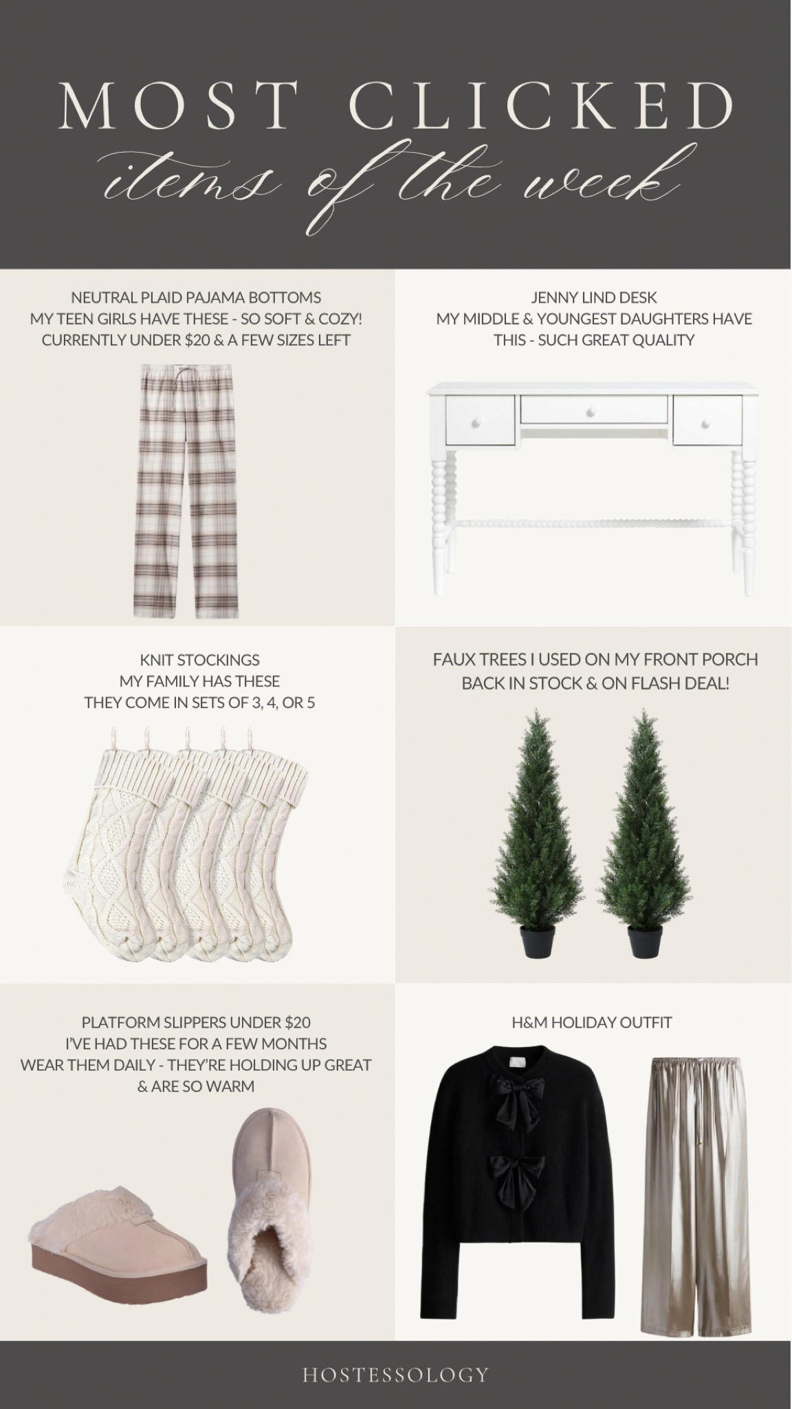Most clicked items of the week ✨including neutral plaid pajama bottoms, high quality kids desk, knit stockings, faux trees for winter front porch, platform slippers, & holiday outfit 🤎

#LTKHoliday #LTKHome
