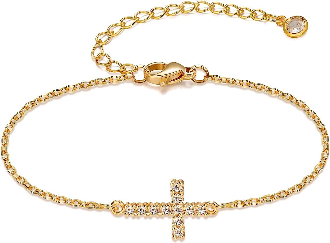 Tewiky Cross Bracelet for Women Dainty 14k Gold Cubic Zirconia Classic Tennis Bracelet Cute Gold Tin | Amazon (US)