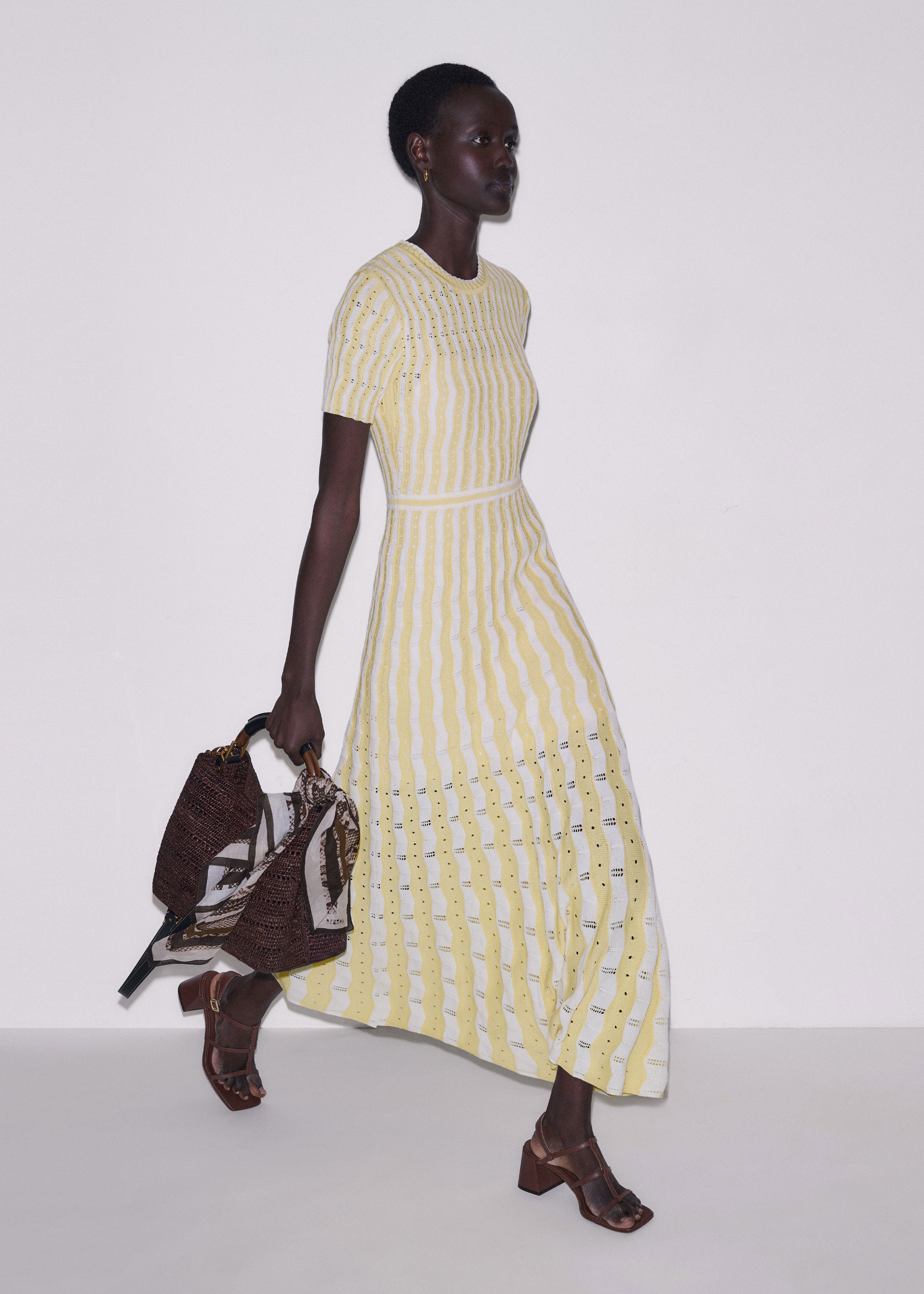 Women's Yellow Textured Pointelle Stripe Knit Maxi Dress | ME+EM | ME+EM US
