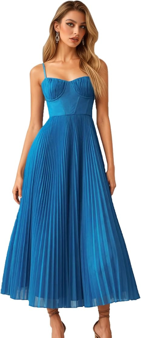 Womens Pleated A-Line Ruched Sleeveless Prom Dress Adjustable Spaghetti Strap Backless Party Gown... | Amazon (US)