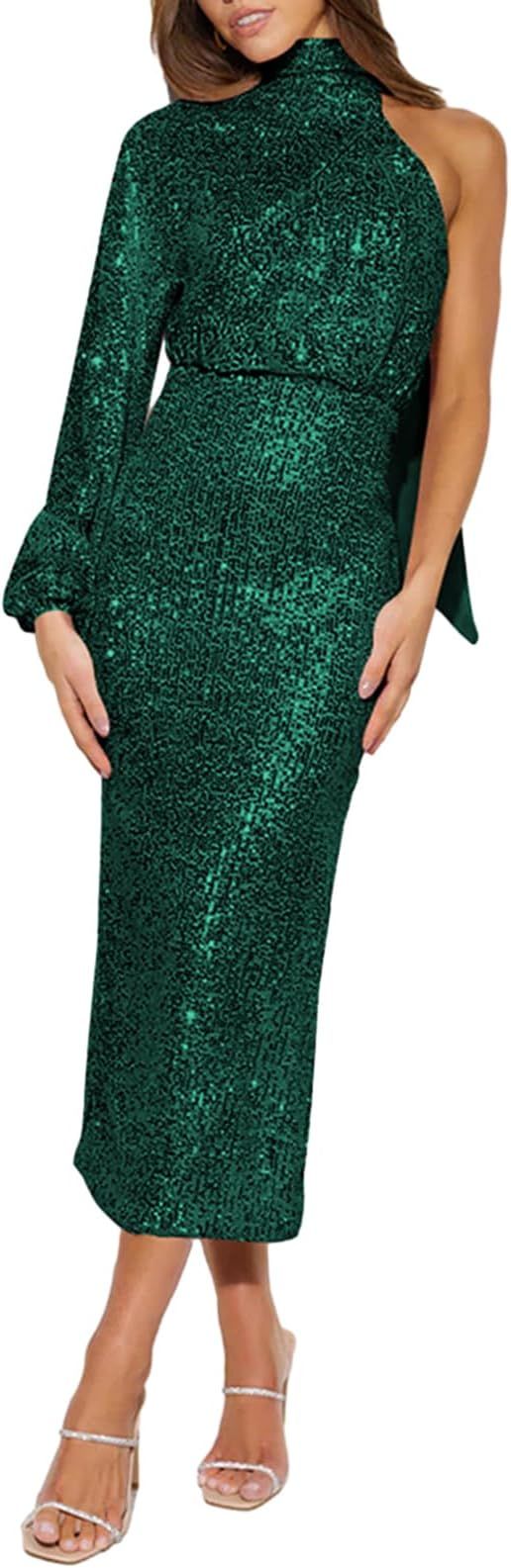 BBIQI Long Sleeve Cocktail Dress for Women Sequin One Shoulder Wedding Guest Dress Glitter Sparkl... | Amazon (US)