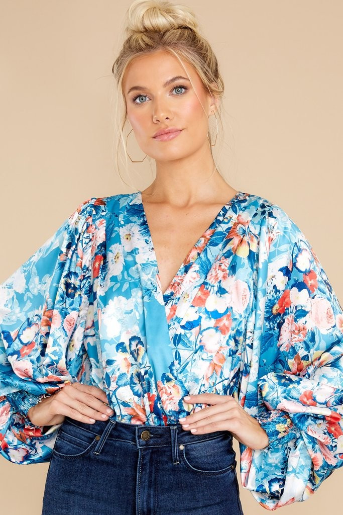 Oceans Away Blue Floral Print Bodysuit | Red Dress 