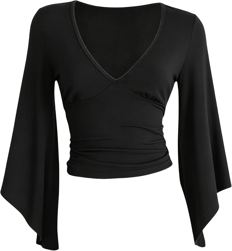 Verdusa Women's Asymmetrical Ruffle Sleeve T Shirts Deep V Neck Cinched Waist Going Out Tops | Amazon (US)