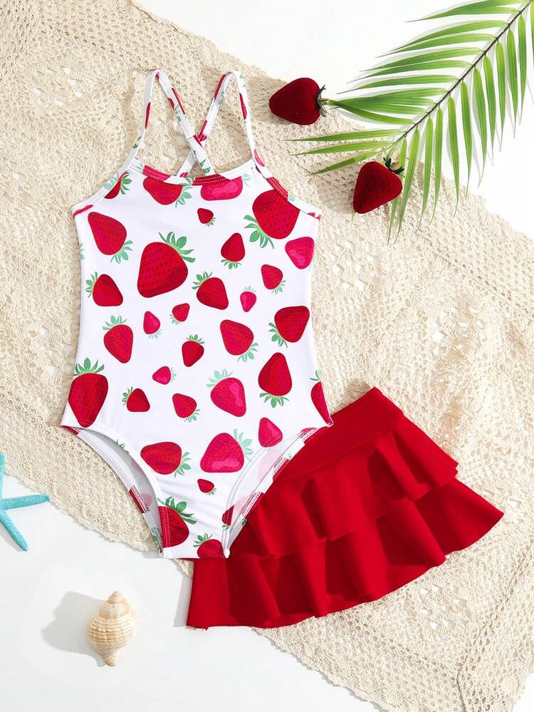 Toddler Girls Strawberry Print One Piece Swimsuit With Beach Skirt
       
              
       ... | SHEIN