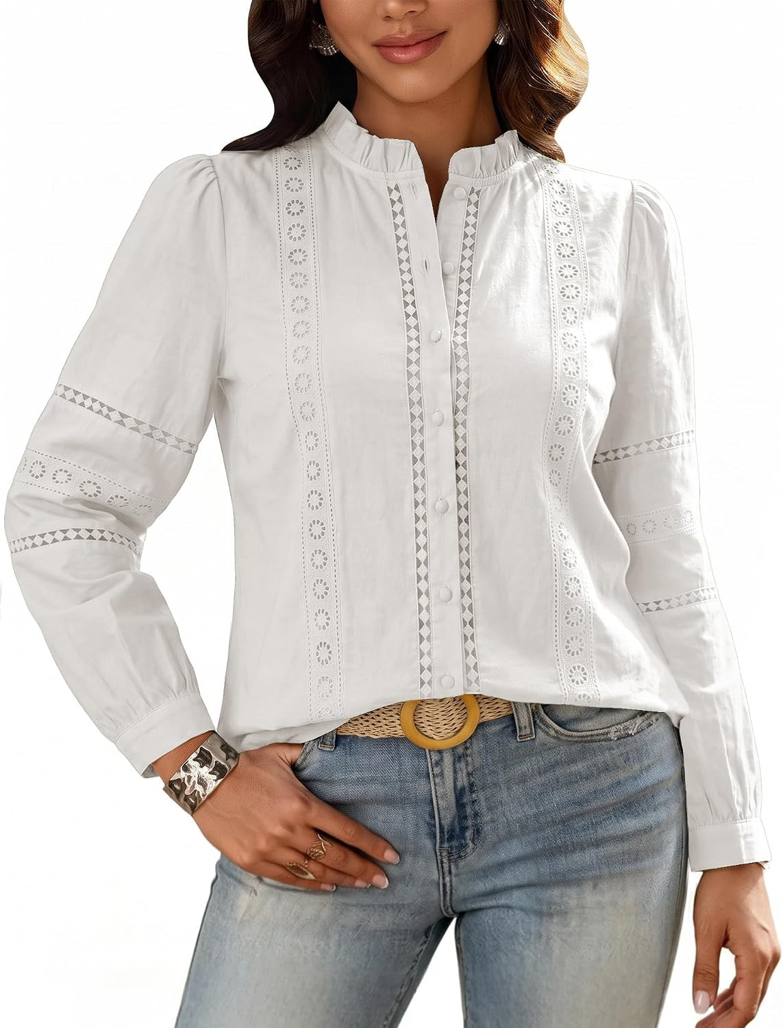 Button Down Shirts for Women Lantern Sleeve Cotton Eyelet Boho Tops Dressy Casual Blouses Trendy Fall Clothes 2026 | Amazon (US)