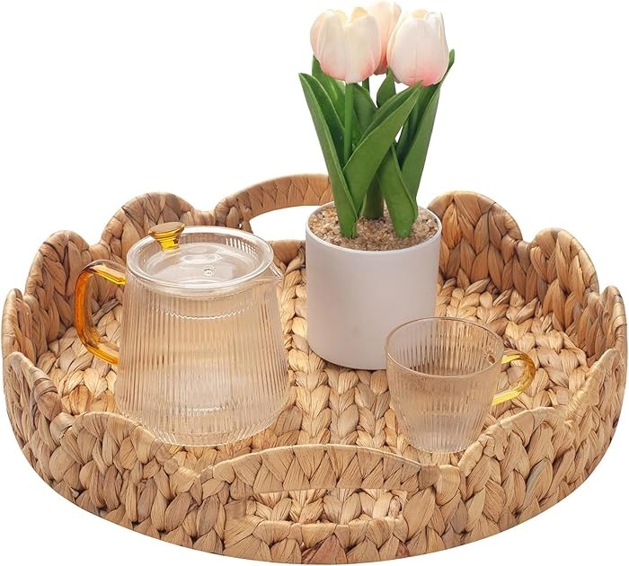 Yangqihome Round Scalloped Serving Tray, 14 inch Decorative Water Hyacinth Scalloped Basket with ... | Amazon (US)