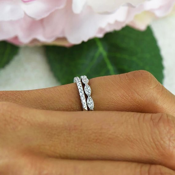 Art Deco Wedding Band and Half Eternity Band, Thin Stacking Ring Set, Small Engagement Ring, Man ... | Etsy (US)