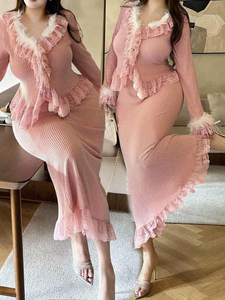 Flirla Plus Size Women Fitted Comfortable Patchwork Furry V-Neck Ribbed Knit Two Pieces Skirt Set... | SHEIN