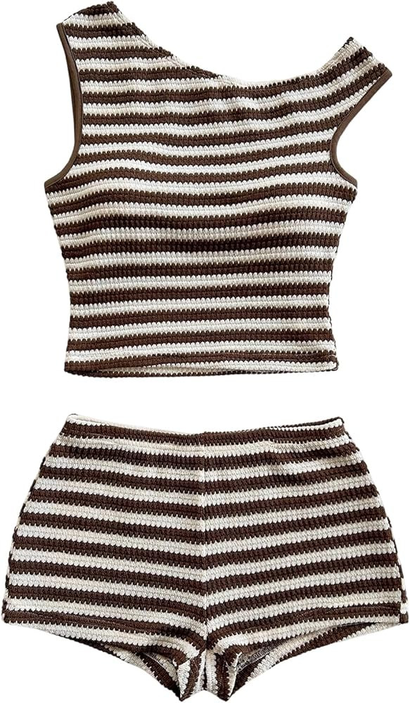 SOLY HUX Women's 2 Piece Striped Off The Shoulder Crop Tops and Mini Shorts Set Summer Y2K Going ... | Amazon (US)