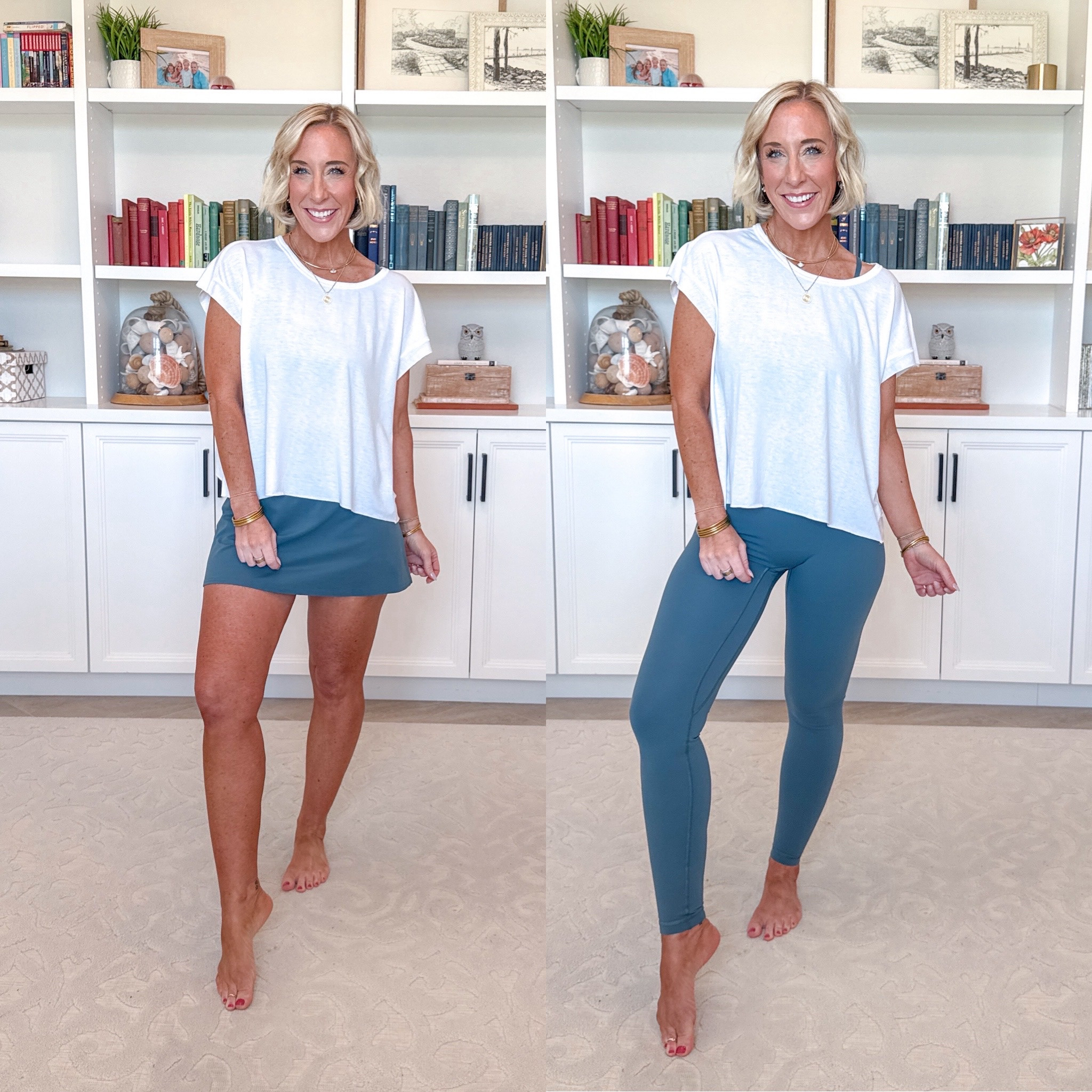 Amazon - mix & match active wear : No Front Seam Leggings - size small; Standard. 25 colors, 2 lengths. Tennis Skirt - size small. 20 colors. Bowknot Strappy Light‑Impact Sports Bra - size small (could have done an XS). 9 colors.  Open Back Short Sleeve Workout Shirt - size small. 20 colors.