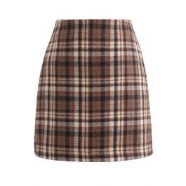 Plaid Wool-Blend Bud Skirt in Tan | Chicwish