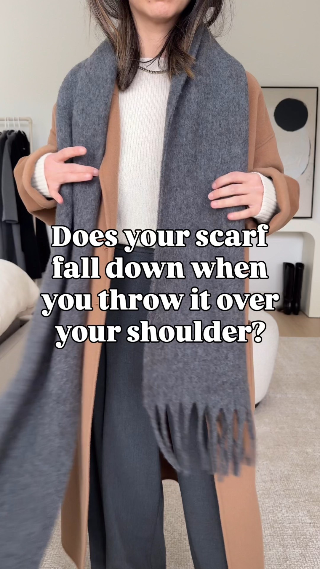 Scarf hack. How to help you scarf not fall down when throwing it over your shoulder. Scarf is old Uniqlo, although linking a heattech option. Trousers are also Uniqlo and with these you can do a custom hem. 

Anine Bing coat xxs
Everlane cashmere sweater xs (color is sold out)
Uniqlo trousers Small at 25.5" inseam
Uniqlo scarf (old)

#LTKSeasonal #LTKPetite