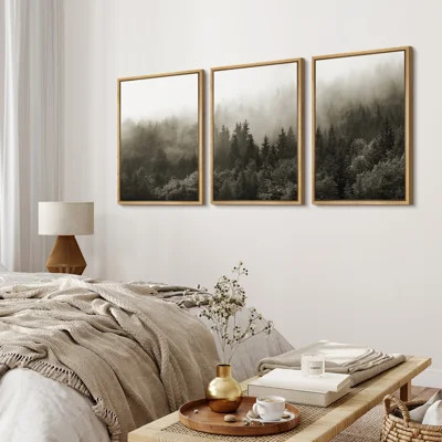 Misty Forest Landscape "Nature Pine Tree Artwork, Modern Woodland Nursery Wall Decor, Large Framed Canvas Giclee Print 3 Pieces Wall Art Set" 16x24x3 | Wayfair North America