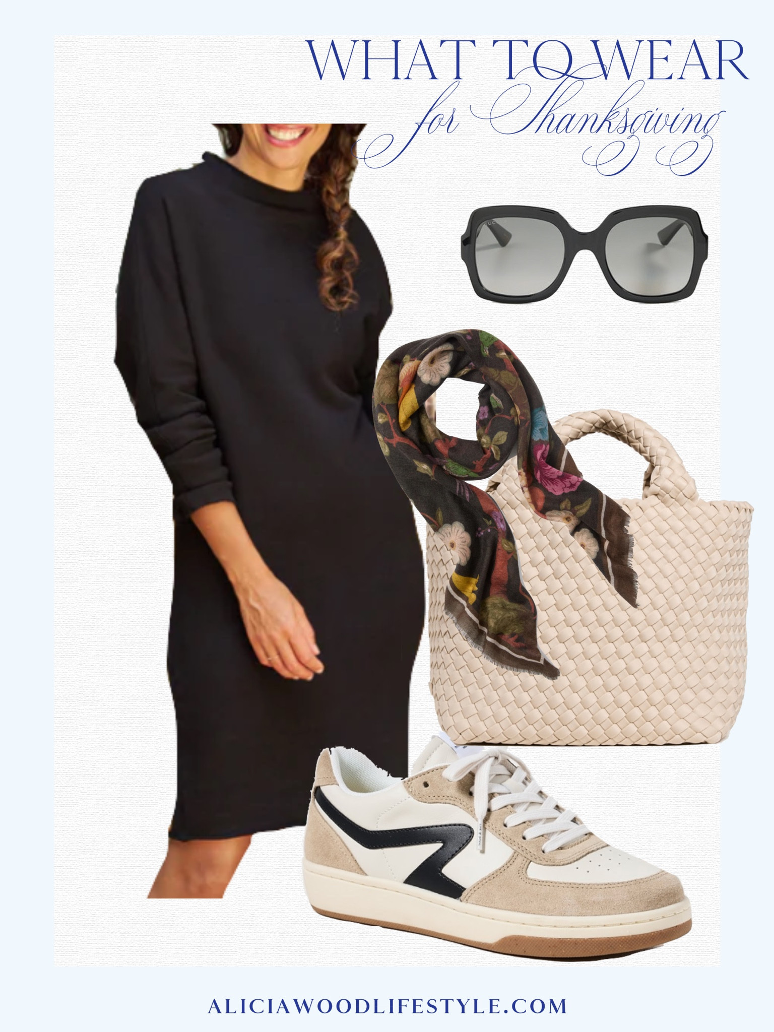 What to wear for Thanksgiving 

Frank & Eileen Izzy fleece dress 
Naghedi tote
Dark floral scarf
Black sunglasses 
Neutral sneakers 

#LTKStyleTip #LTKHoliday #LTKOver40