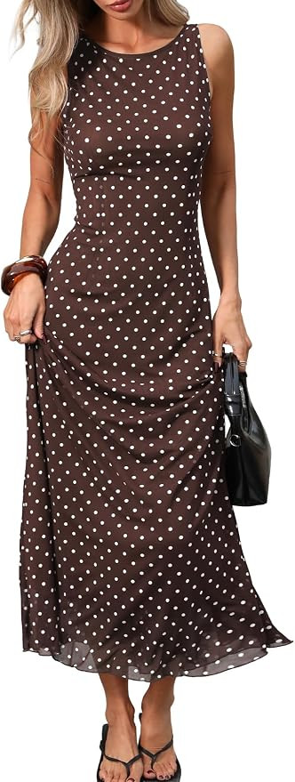 ELLEVEN Women’s Polka Dot Maxi Tank Dress Fitted Elegant Long Dress | Amazon (US)