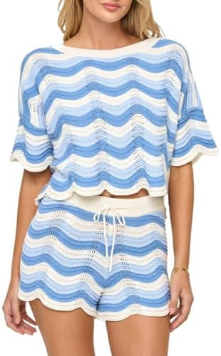 NIFTRIRY 2 Piece Sets for Women Short Sleeve Striepd Crochet Cover Up Tied Shorts Beach Clothes S... | Amazon (US)