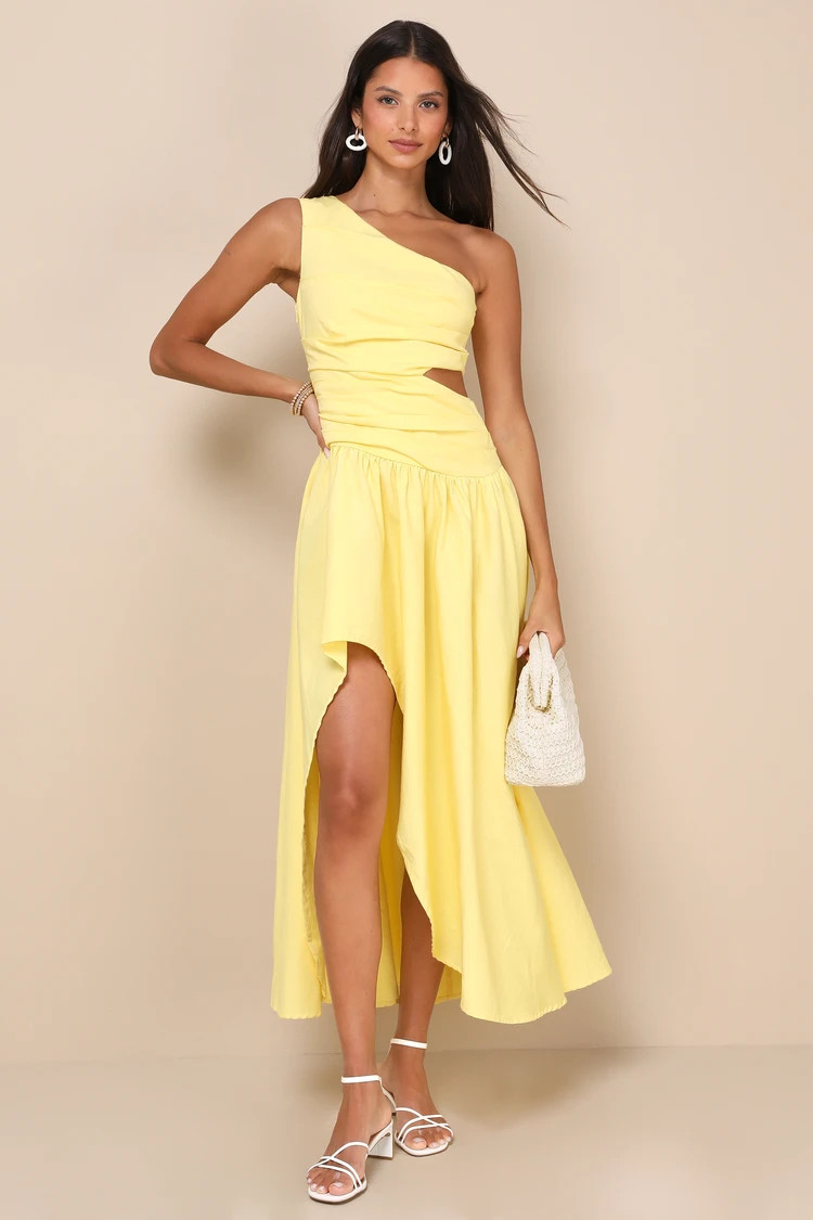 Sunny Persuasion Yellow Linen Cutout One-Shoulder Midi Dress | Lulus