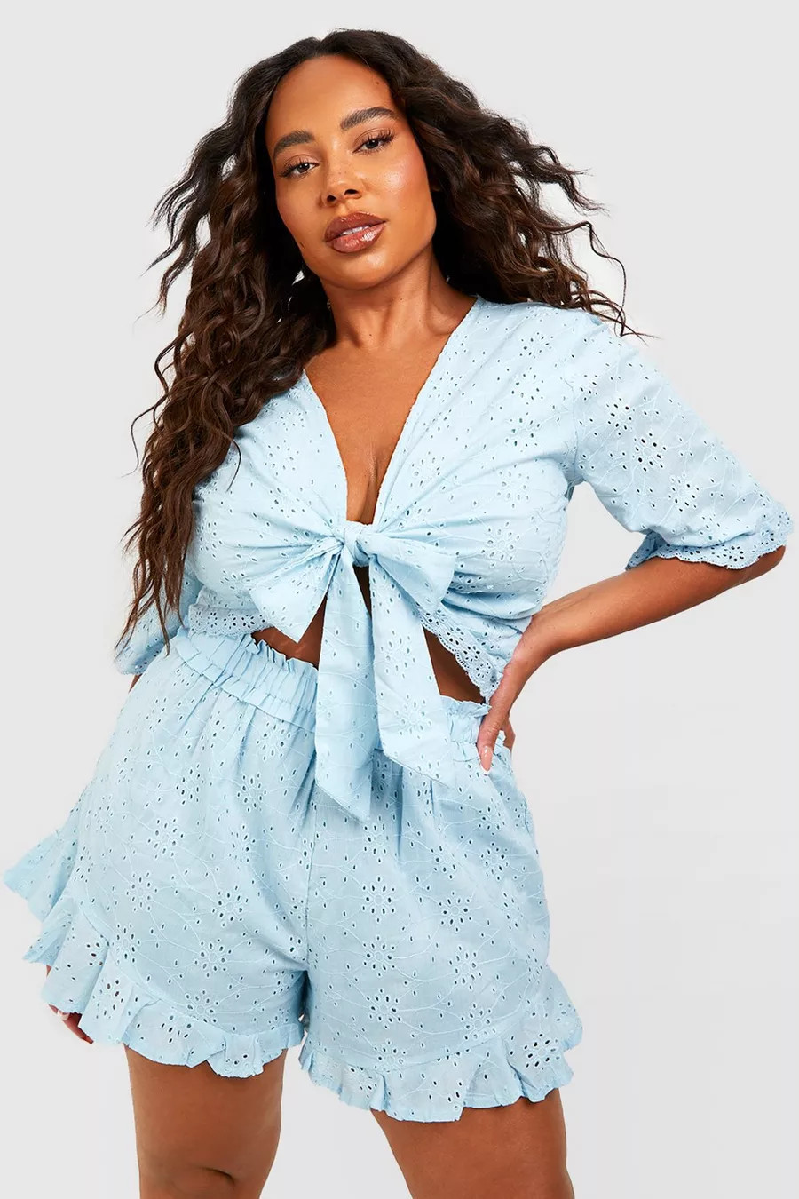 Plus Eyelet Tie Front Shorts Two-Piece | boohoo (US & Canada)