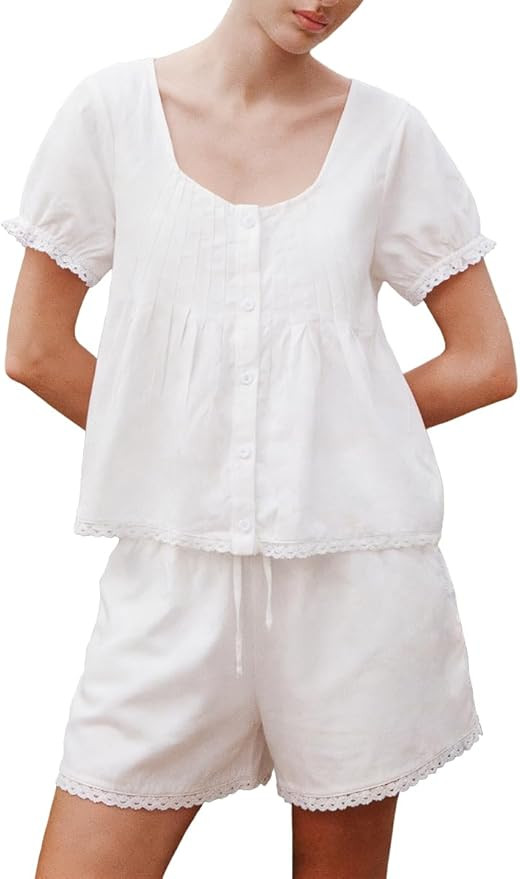 Womens 2 Piece Short Sets Fashion Button Down Puff Short Sleeve Lace Trim Pintuck Babydoll Top an... | Amazon (US)