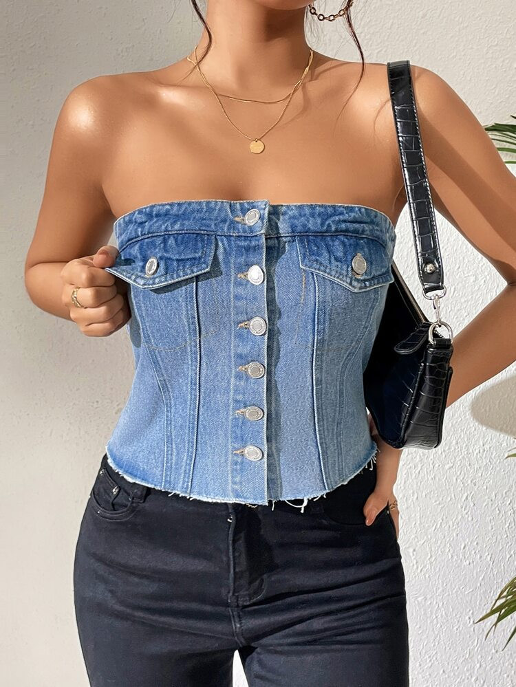 Sexy Eenkleurig Denim top Ruwe hem Gefronst Voorpand met Knoopjes | SHEIN