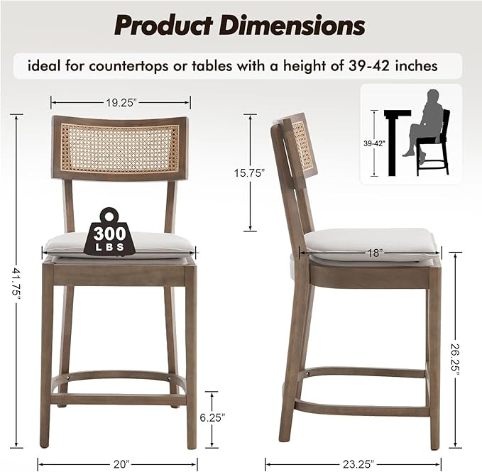 Set of 2 French Wooden Counter Height Bar Stools, 26" Rattan with Barstools Cane Back, Mid Centur... | Amazon (US)