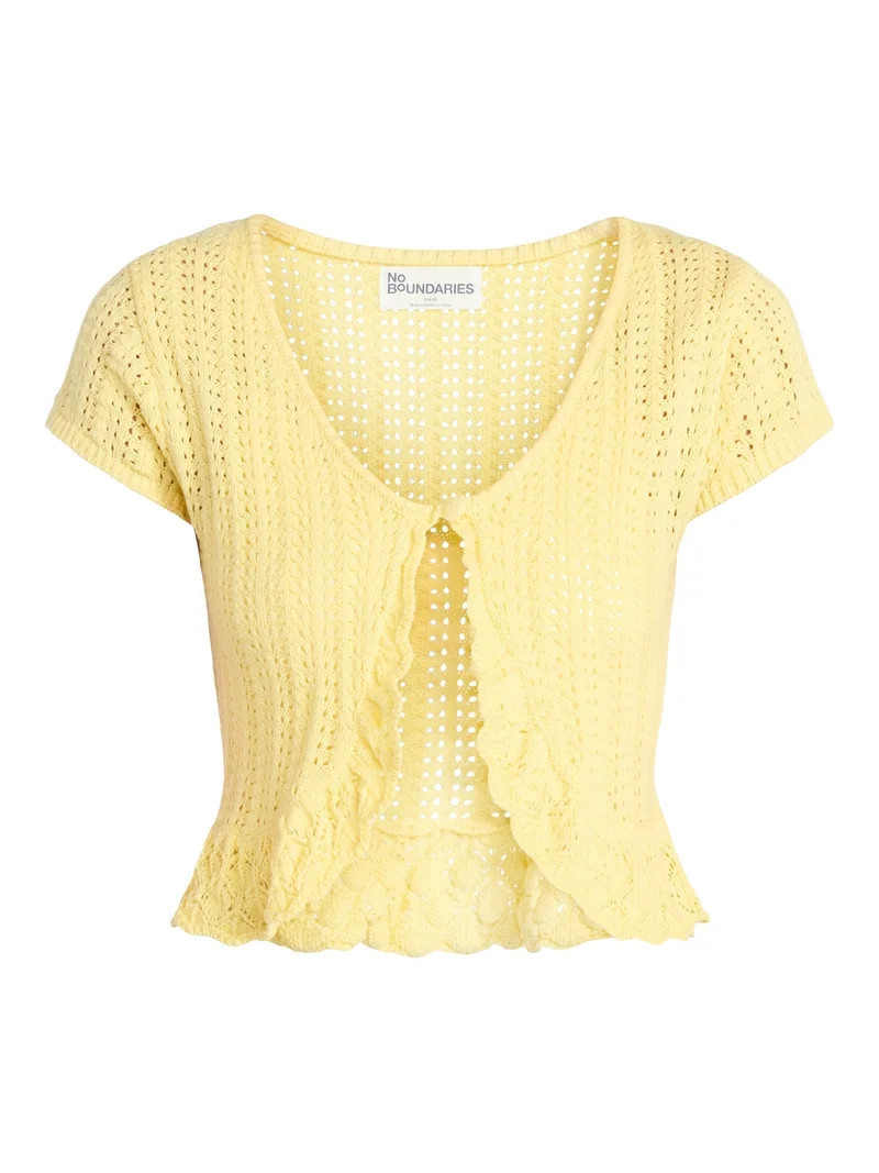 No Boundaries V-Neck Pointelle Cardigan with Short Sleeves, Women's XXS-XXL | Walmart (US)