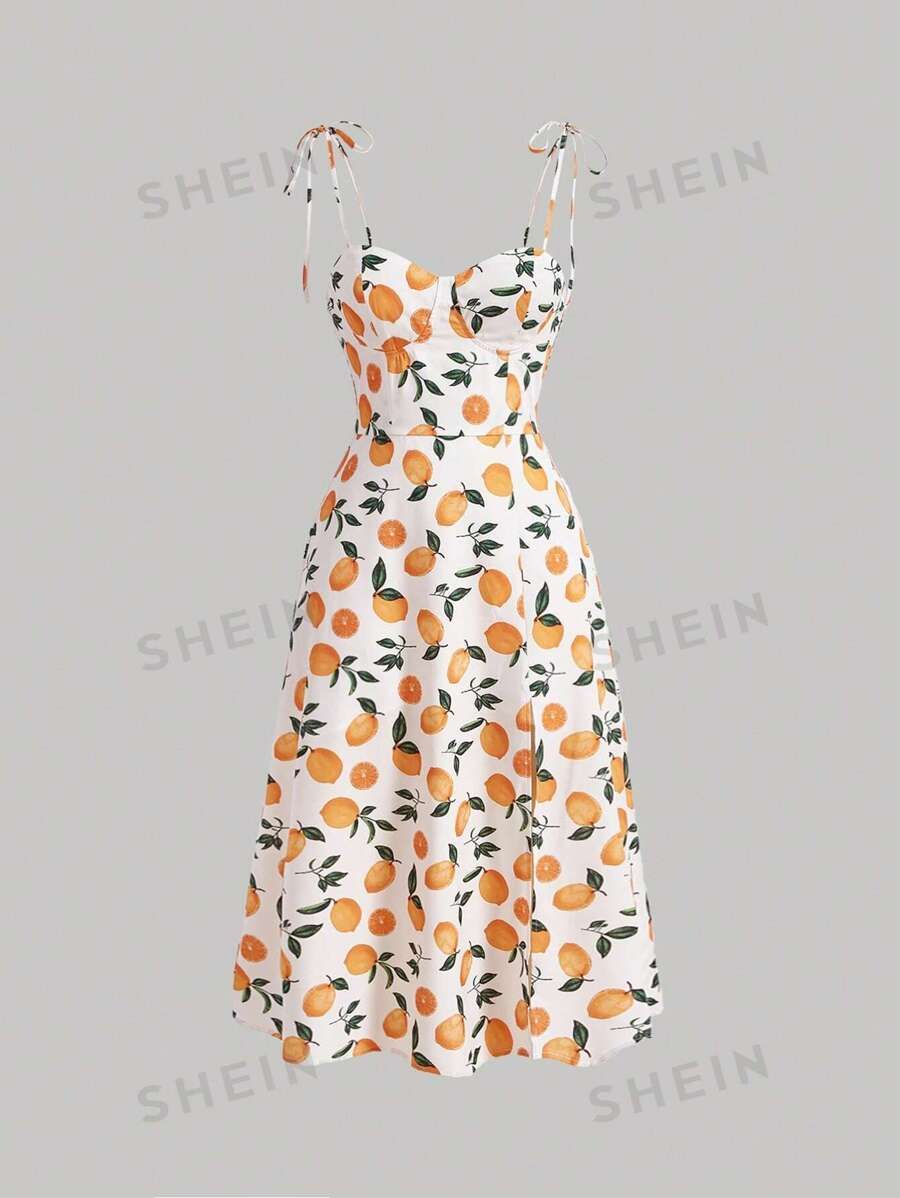 SHEIN MOD Lemon Print Tie Shoulder Cami Dress | SHEIN