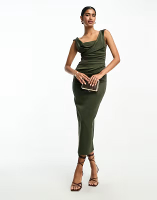 ASOS DESIGN square neck pleat bust midi pencil dress in green | ASOS (Global)