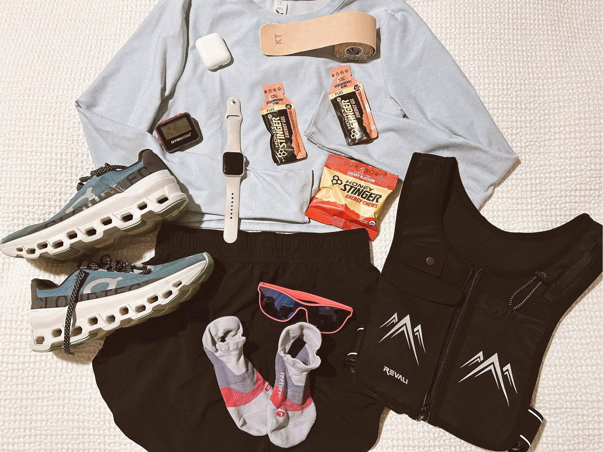 flat me is ready for the Gate River Run tomorrow! 👟🏃🏼‍♀️⚡️🩵 

sporting a lot of my fave brands: on, honey stinger, feetures, goodr, and KT tape. 

#LTKfindsunder50 #LTKfitness #LTKsalealert