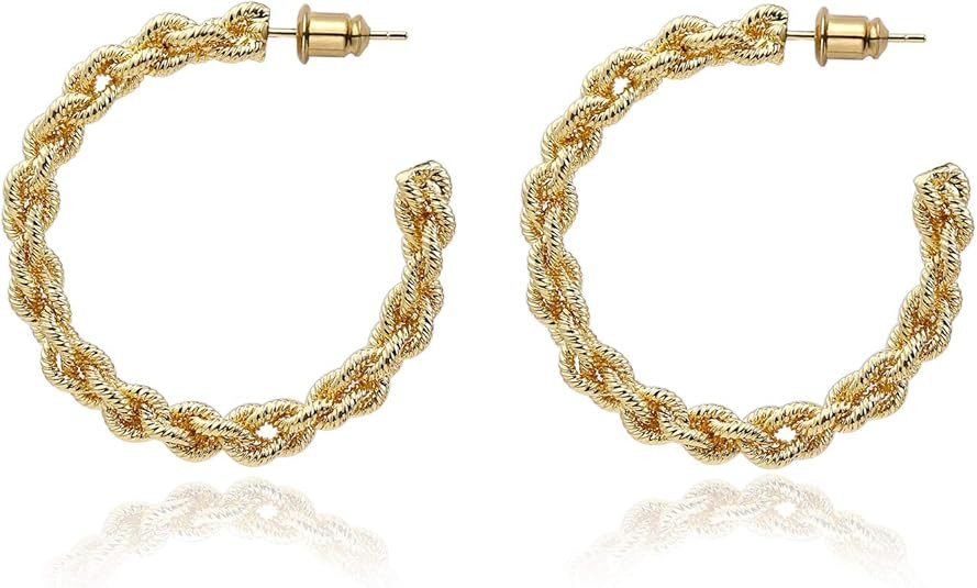 14k Gold Plated Big Hoops Earrings for Women Large Bamboo Hoop Earrings for Women Big Gold Hoops ... | Amazon (US)