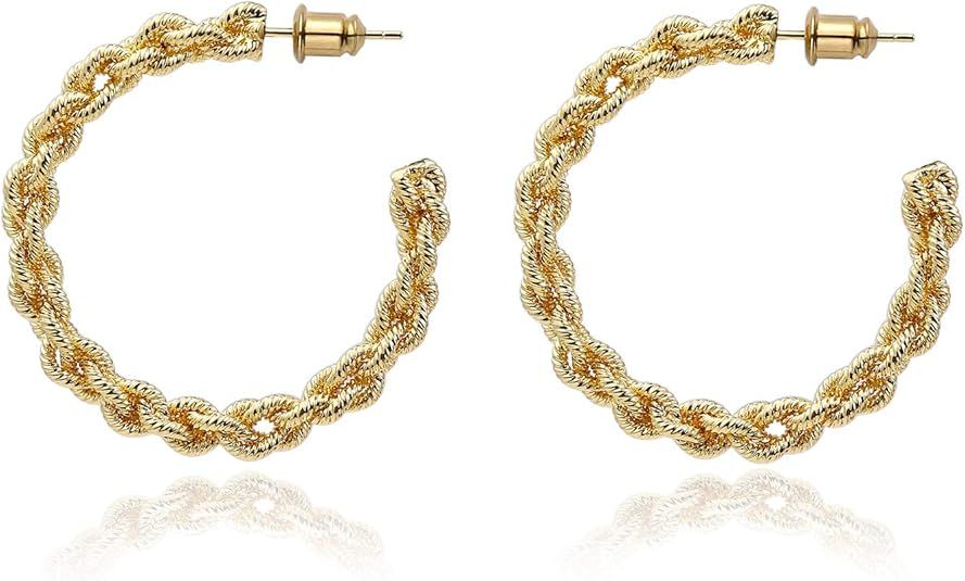 14k Gold Plated Big Hoops Earrings for Women Large Bamboo Hoop Earrings for Women Big Gold Hoops ... | Amazon (US)
