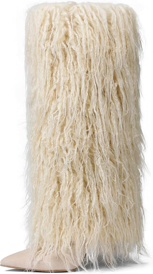 Womens Furry Boots Knee High Fold Over Tall Boot Wide Calf Pointed Toe Stiletto High Heel Fall Wi... | Amazon (US)