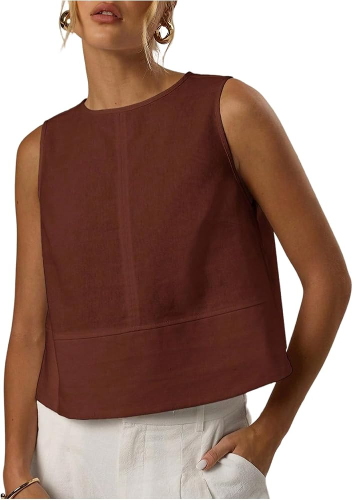 MakeMeChic Women's Linen Shirts Dressy Tops Summer Crop Tank Tops Sleeveless Blouse Work Shirts | Amazon (US)