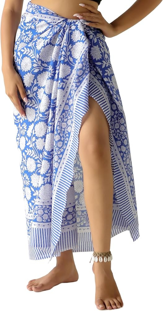 100% Cotton Sarong Coverup for Women Indian Hand Block Print Swimsuit Pareo Wrap Skirt Beach Biki... | Amazon (US)