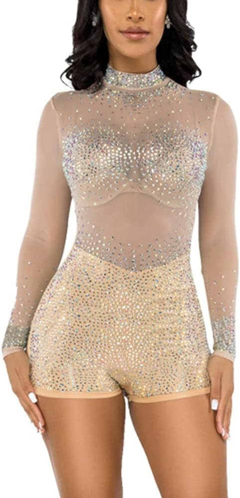 BFFBABY Womens Sexy Sequin Rhinestone Romper Long Sleeves Mesh See Through Jumpsuit Clubwear Body... | Amazon (US)