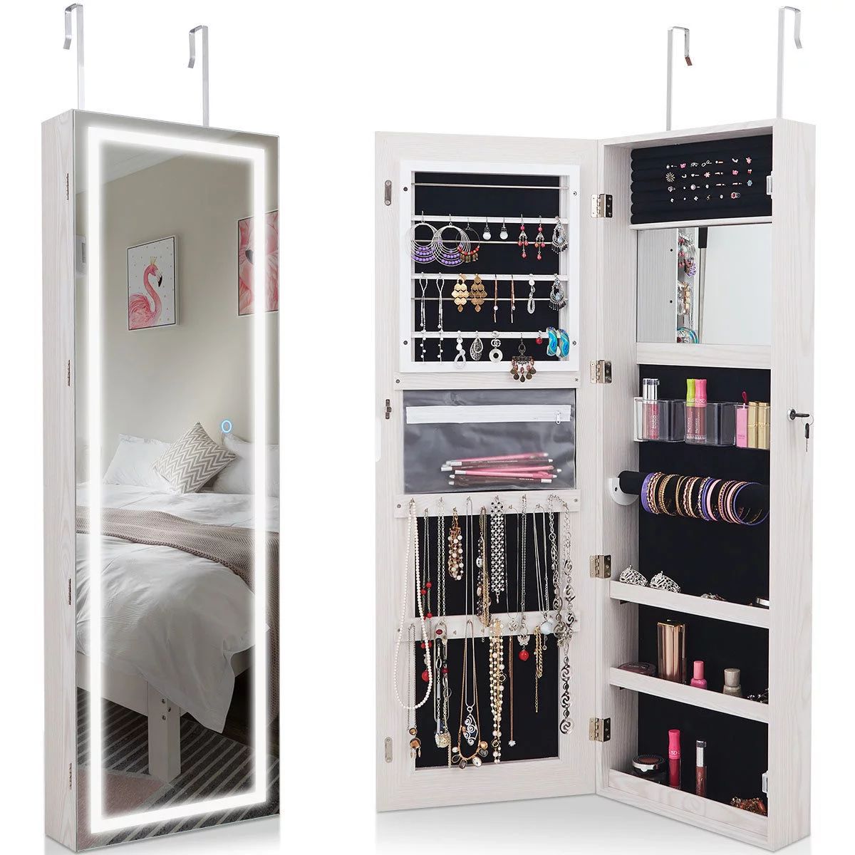 Costway Door Wall Mount Touch Screen LED Light Mirrored Jewelry Cabinet Storage Lockable, White | Walmart (US)