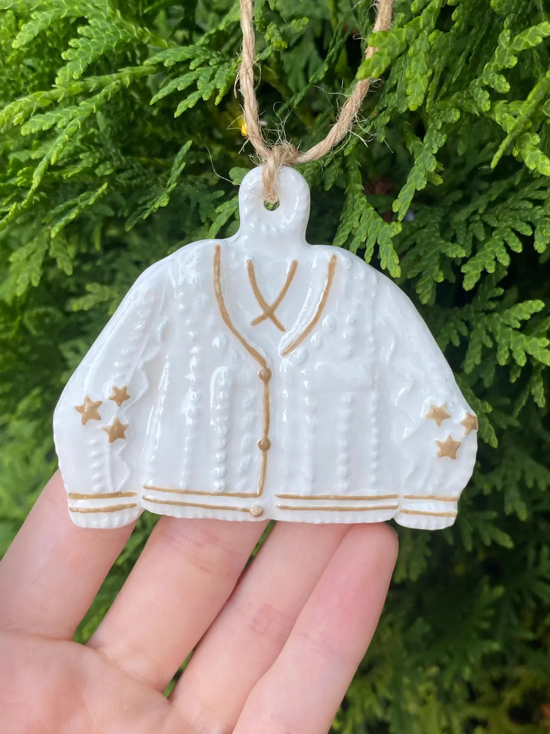 Cardigan Ornament - White Sweater With Light Brown Stars - Etsy | Etsy (US)