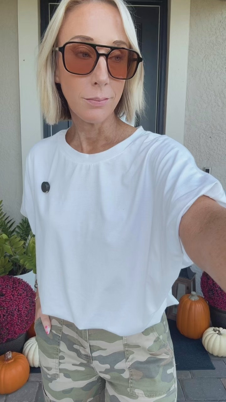 My ootd and fall porch decor:
• bubble hem t-shirt - size small. 
• camo cargo pants - size XS. 
• sandals - tts. 
• pumpkins are from various craft stores and faux mums are unfortunately sold out from last year.

#LTKOver40 #LTKootd #LTKSeasonal