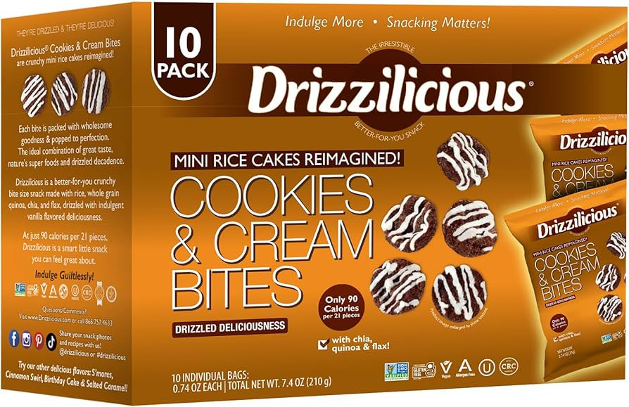 Drizzilicious Mini Flavored Rice Cakes Cookies & Cream - Rice Crisps, Healthy Snack for Adults and Kids, Vegan, Gluten Free Snack, Allergen Free, Only 90 Calories Per Bag - 0.74 oz (Pack of 10) | Amazon (US)