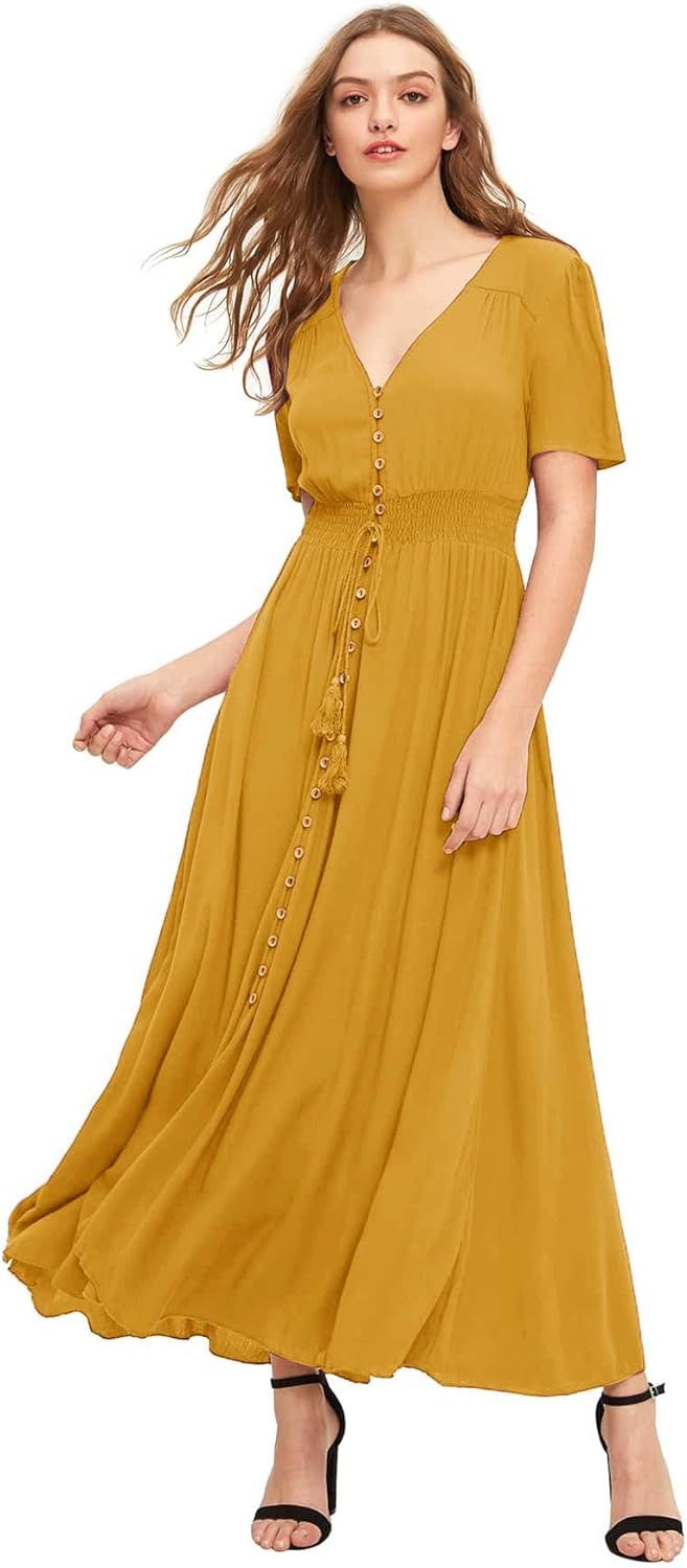 Milumia Women's Button Up Split Flowy Short Sleeve Plain A Line Party Maxi Dress | Amazon (US)