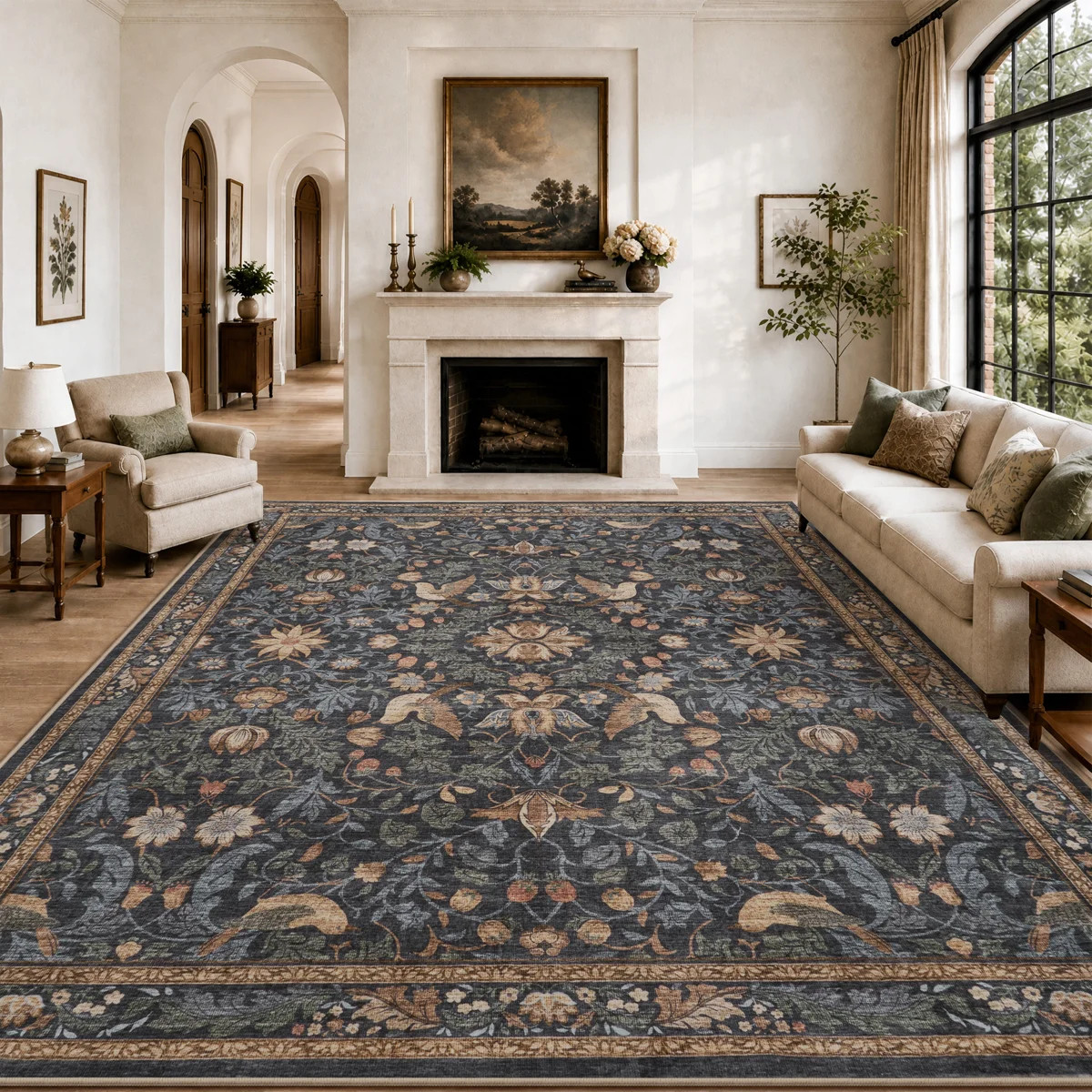 Soft Vintage Floral Washable Non-Slip Area Rug For Living Room, Bedroom Charcoal & Sage Green | Wayfair North America