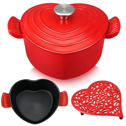 Hushee 2 Pack Valentine Enameled Cast Iron Dutch Oven Heart Shaped Pot with Cast Iron Heart Trivet, 2 Quart Heart Enamel Dutch Oven Pot Dual Handles for Marinate, Cook, Bake and Refrigerate, Red | Amazon (US)