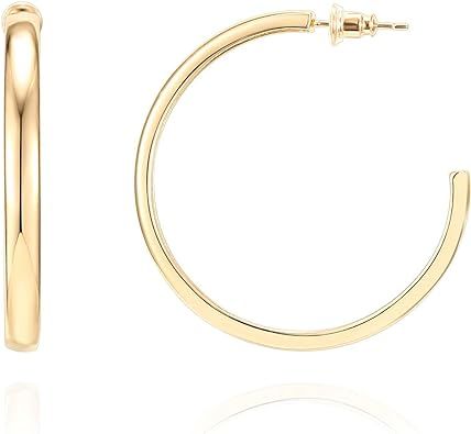 PAVOI 14K Gold Plated Sterling Silver Post Flat Edge Lightweight 40mm Hoop Earrings for Women | Amazon (US)